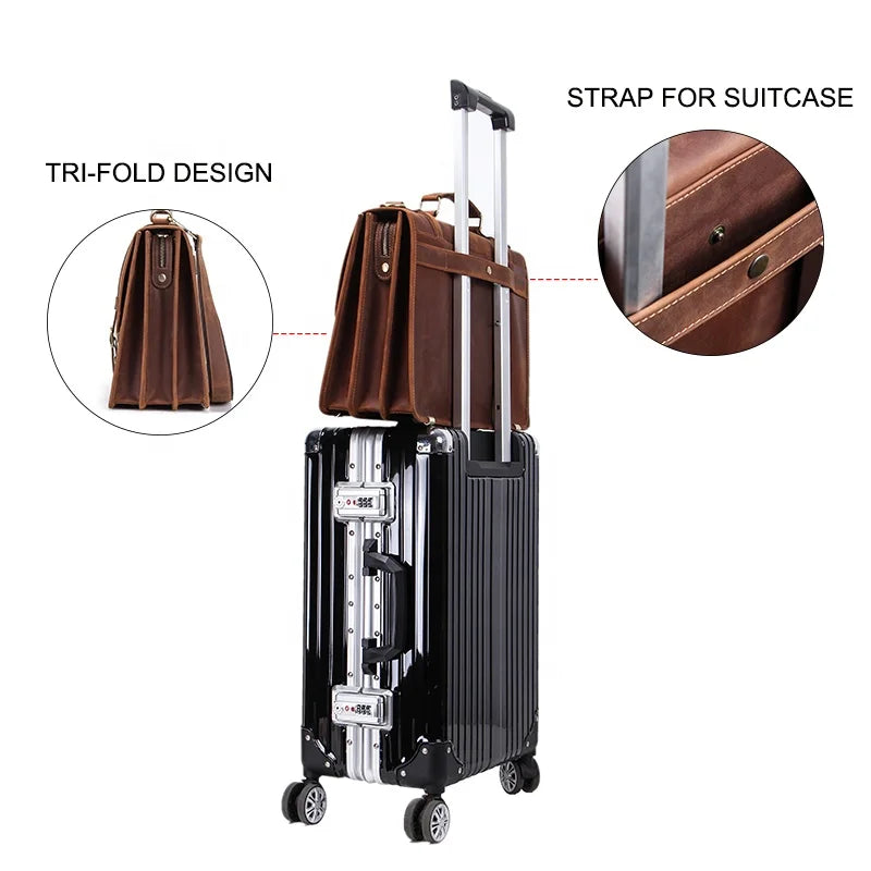 Luggage strap on back of leather briefcase