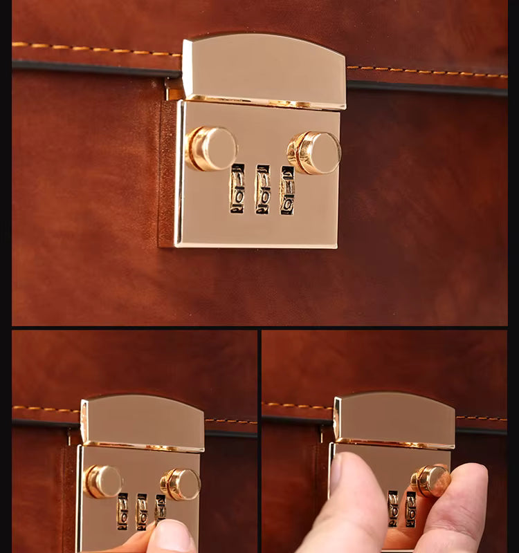 Close-up of a gold combination lock on a brown leather suitcase with a hand turning the dial.