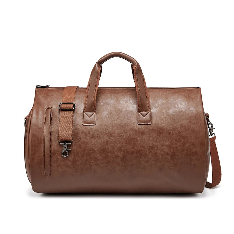 Brown leather duffel bag on a white background