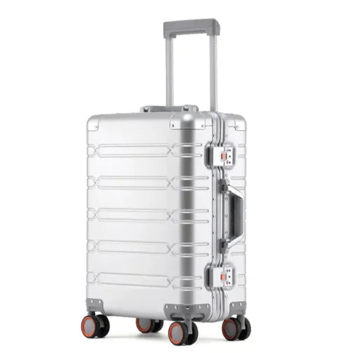 Front view of elegant aluminium suitcase for travel