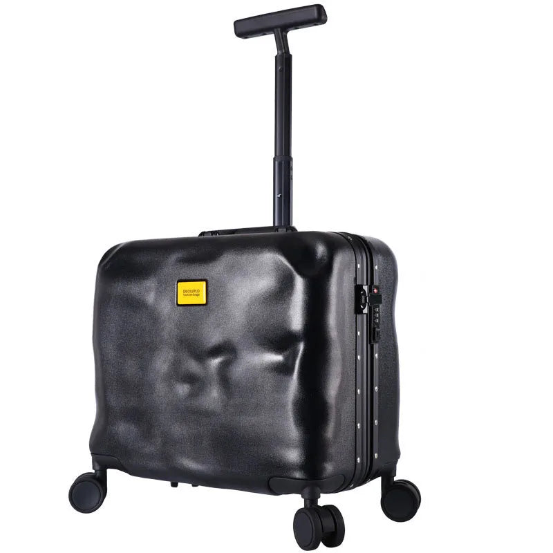 Black suitcase with a yellow label on a white background