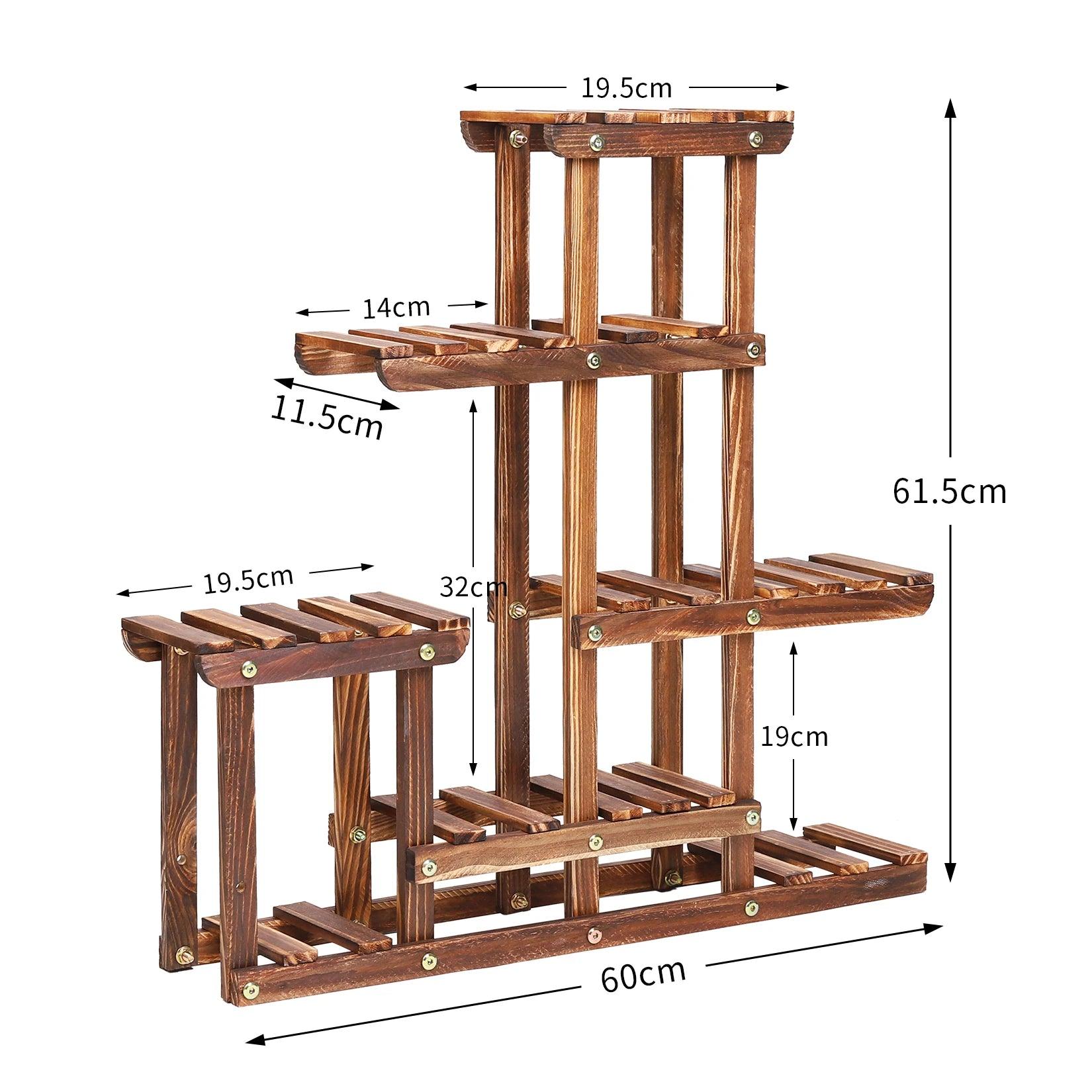 Pine wood flower rack for balcony and garden plant arrangement.