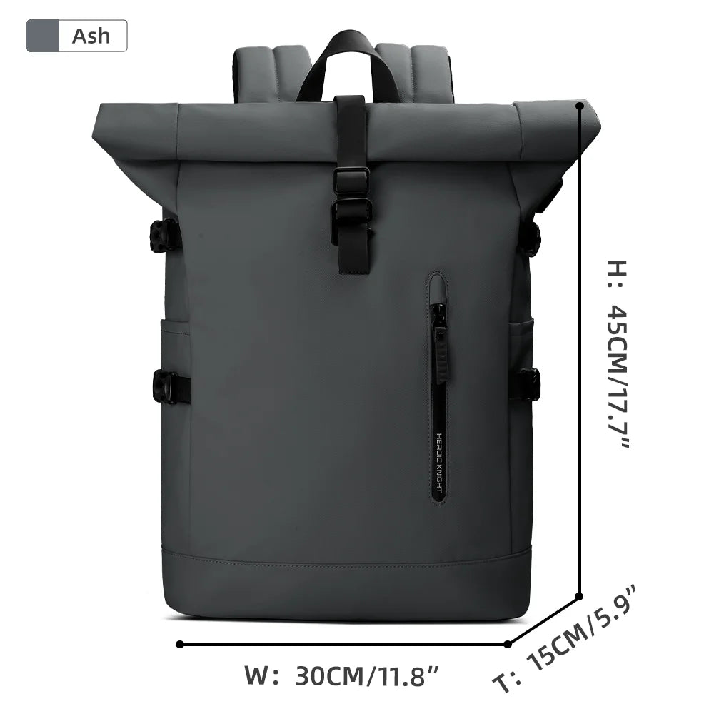 Gray backpack with measurements on a white background