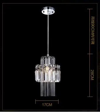 Crystal pendant light with dimensions on a black background