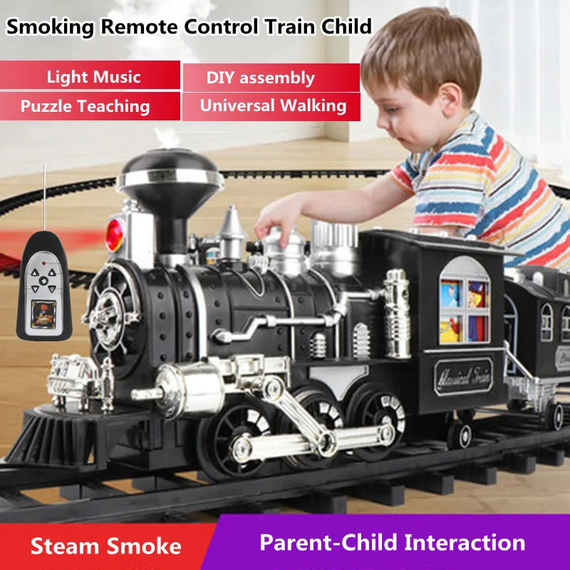 "Remote control steam train set with realistic smoke and lights"