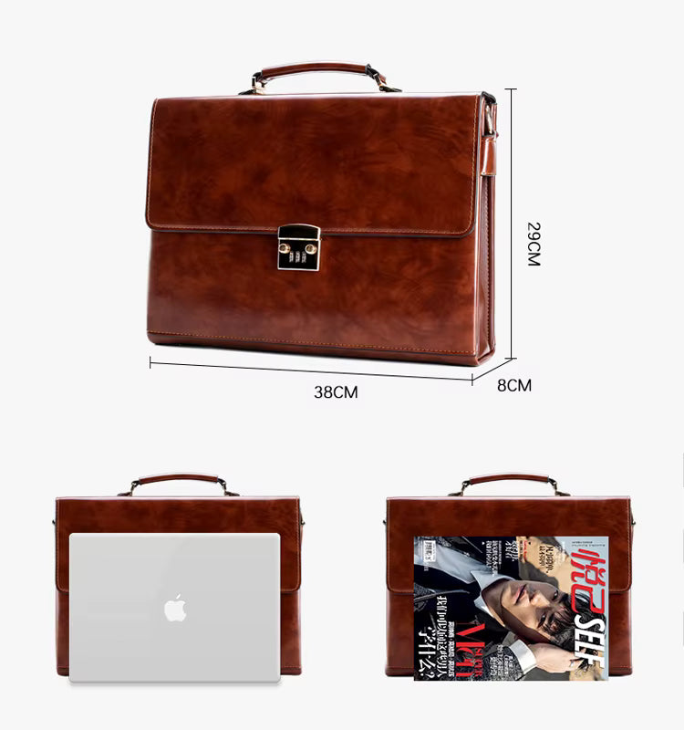Brown leather briefcase with dimensions and a magazine slot, on a white background