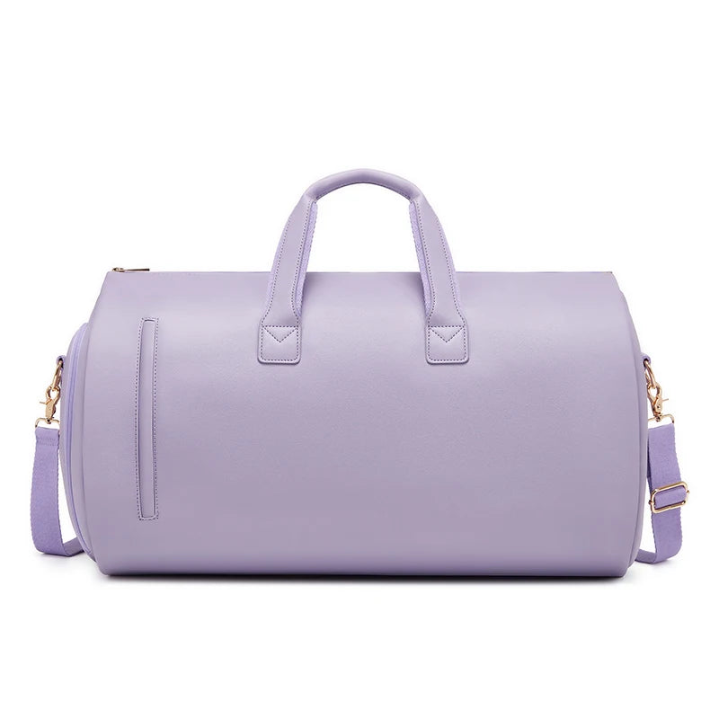 Lavender duffel bag with gold accents on a white background