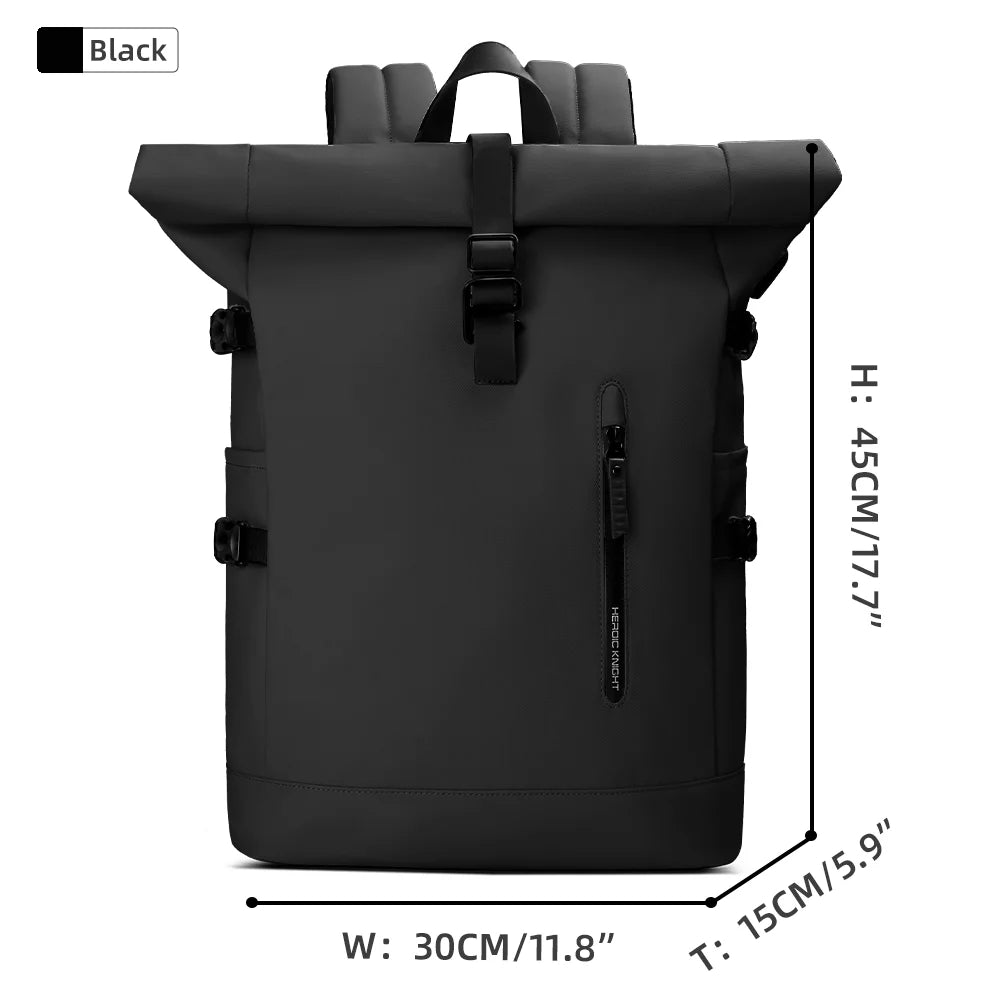 Black backpack with measurements on a white background