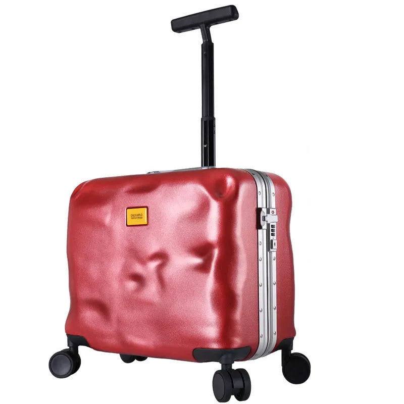 Pink suitcase with a yellow tag on a white background