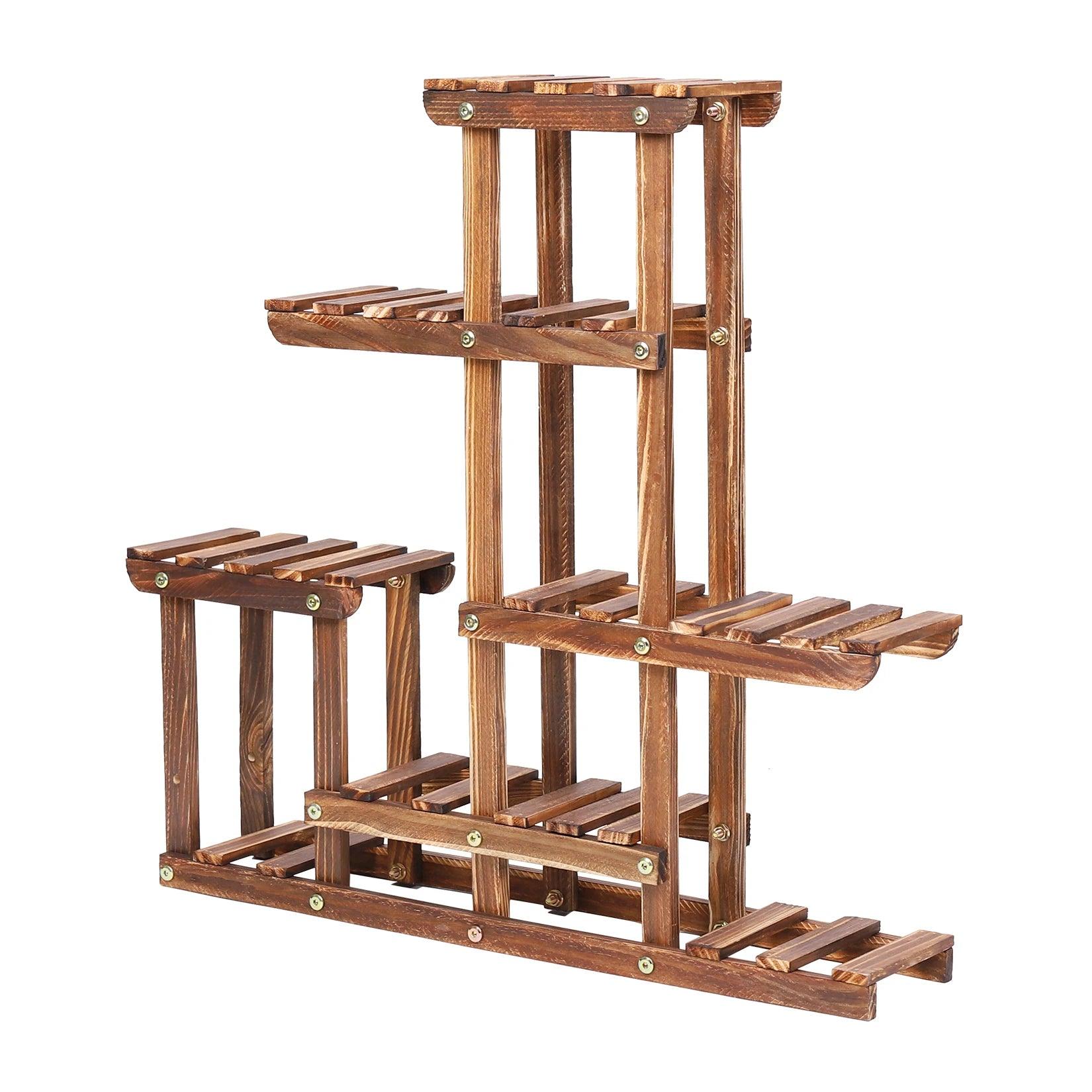 Durable pine wood planter rack for outdoor use.