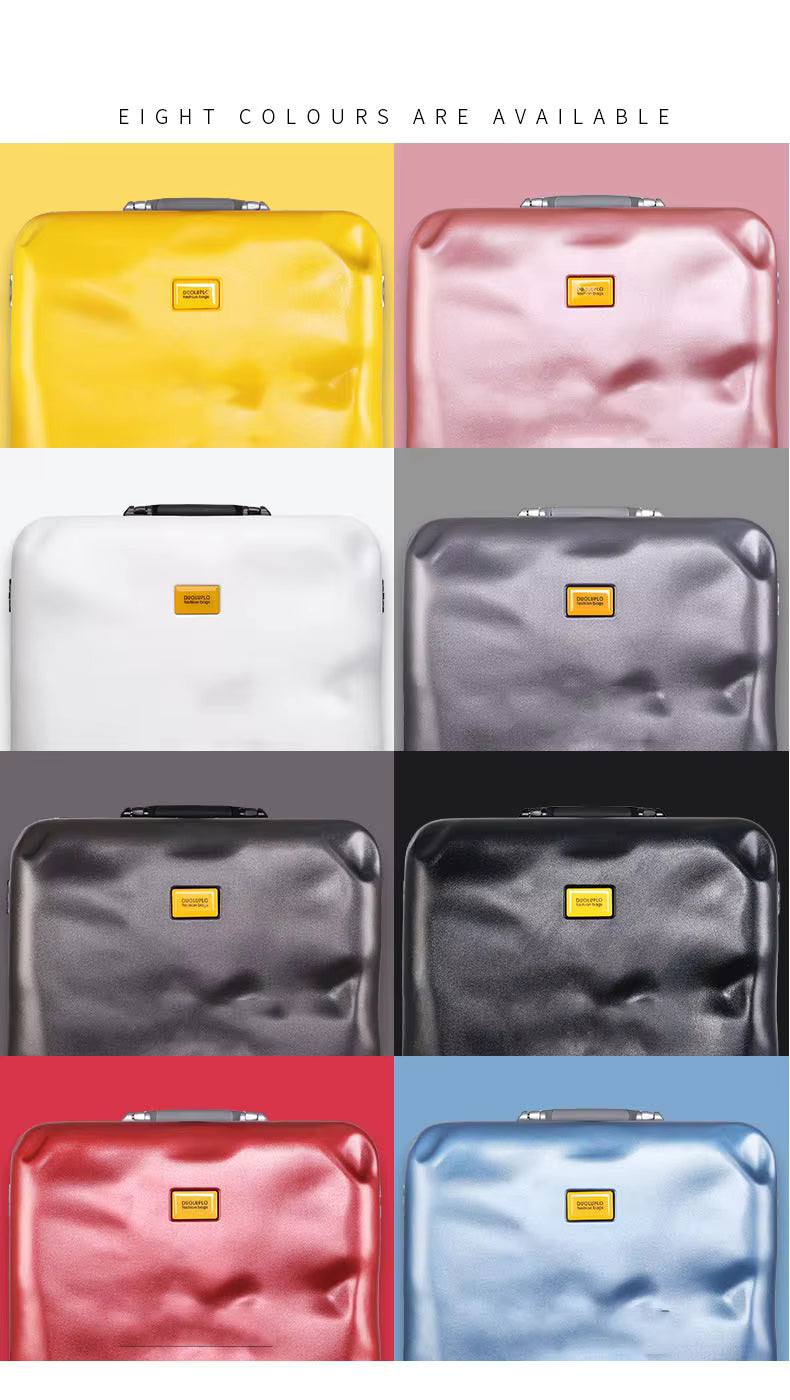 Grid of eight suitcases in different colors with a yellow tag on each.