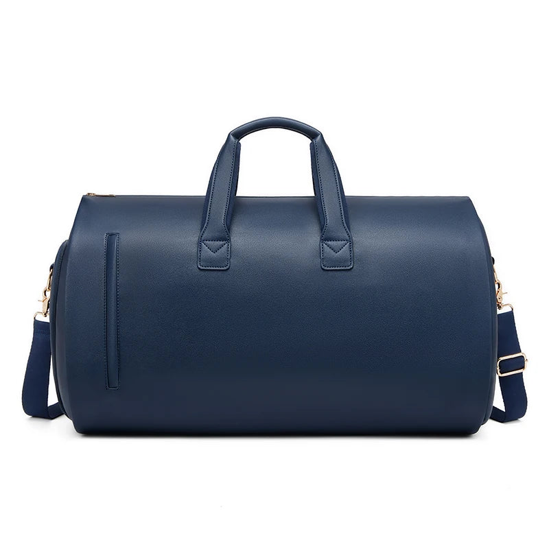 Blue duffel bag with straps on a white background