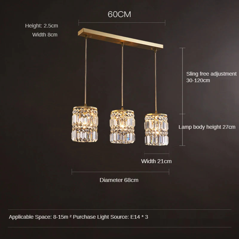 Three-light pendant lamp with dimensions and specifications on a dark background