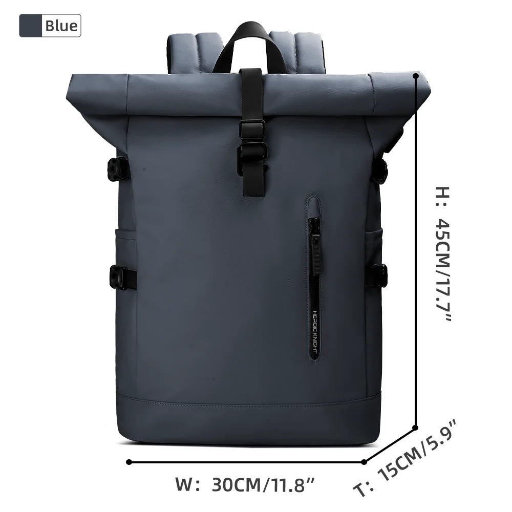 Gray roll-top backpack with measurements on a white background