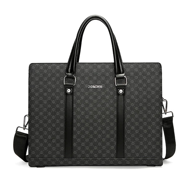 Black patterned briefcase with shoulder strap on a white background