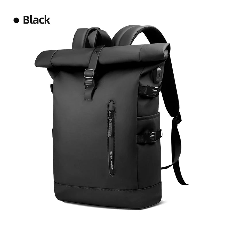 Black roll-top backpack on a white background