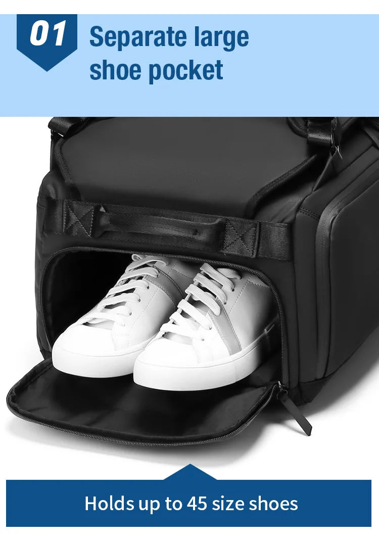 Black backpack with a large shoe pocket holding white sneakers, labeled &