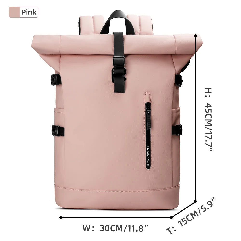 Pink backpack with black straps and measurements on a white background
