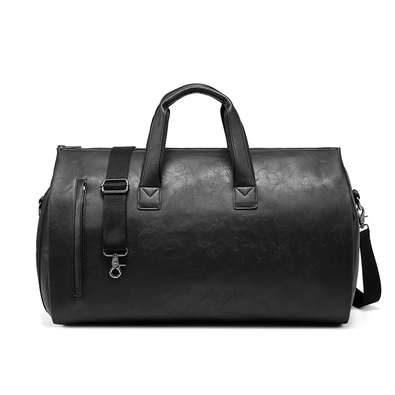 Black leather duffel bag on a white background