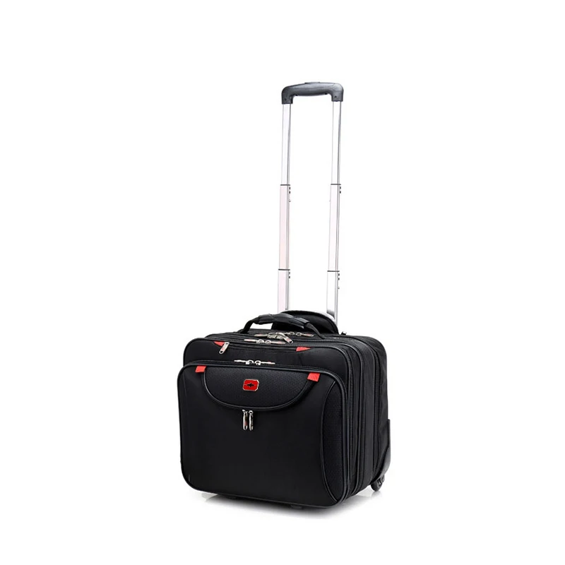 Black rolling suitcase with a visible brand logo on a white background