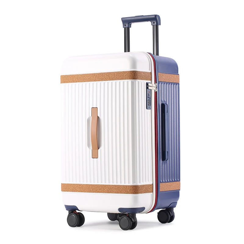 “Traveller holding cup using built-in holder on suitcase”