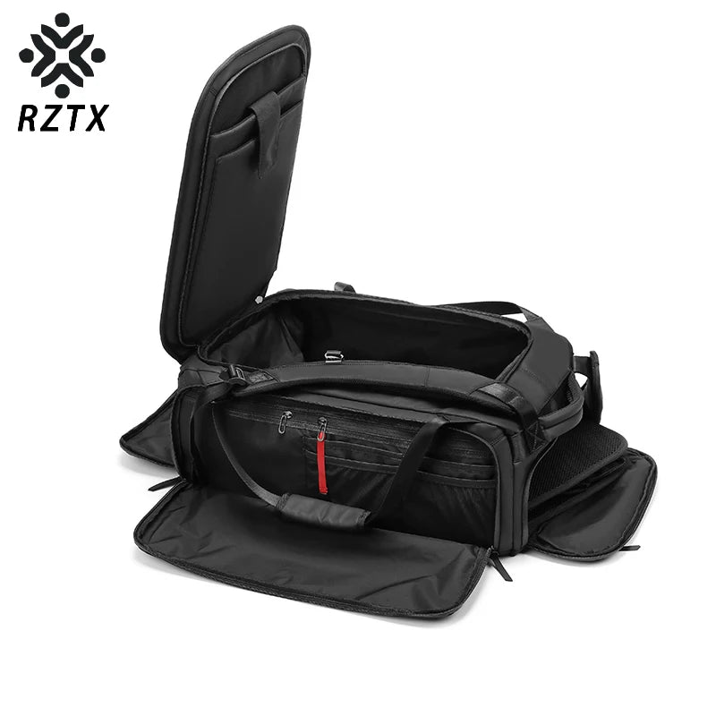 Black backpack with open lid on a white background, featuring the RZTX brand.