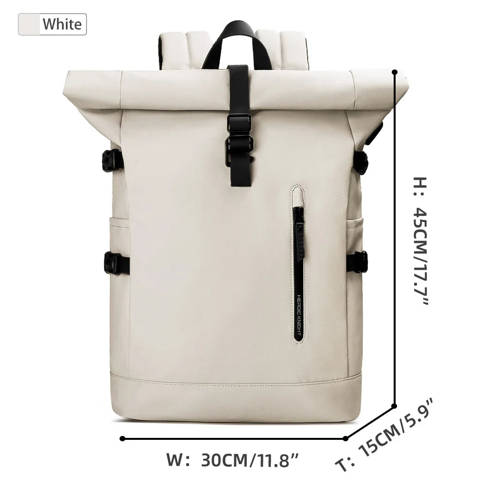 Beige backpack with black straps and measurements on a white background