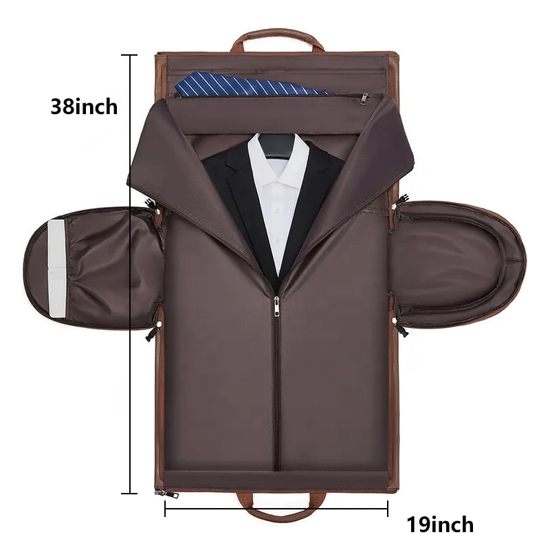 Brown garment bag with a suit inside, showing dimensions on a white background