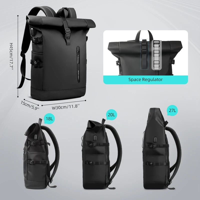 Black backpack with various views and capacity indicators on a gray background
