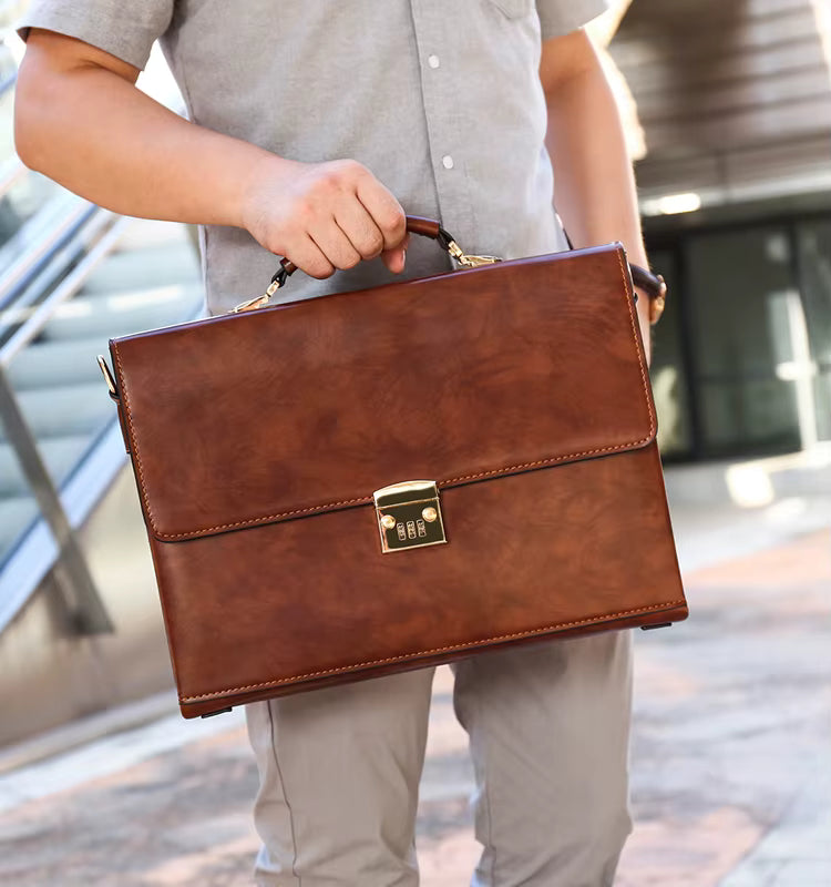 Person holding a brown leather briefcase outdoors