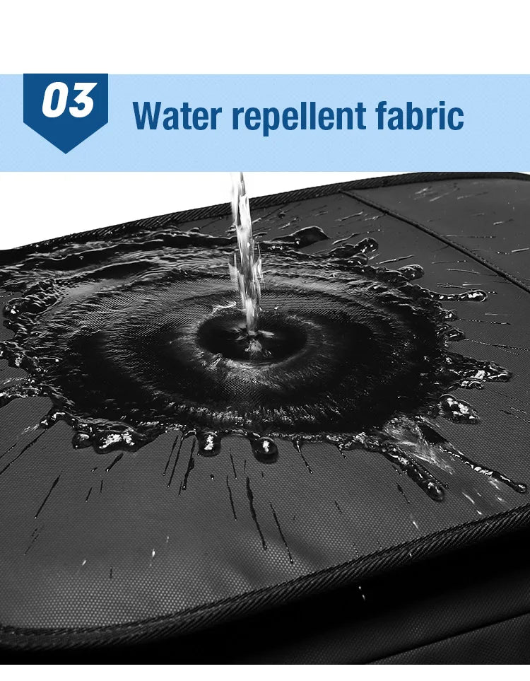 Water droplets spreading out on water repellent fabric with text &