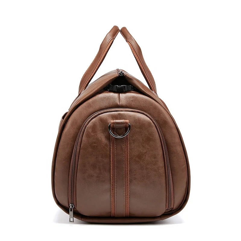 Brown leather duffel bag on a white background