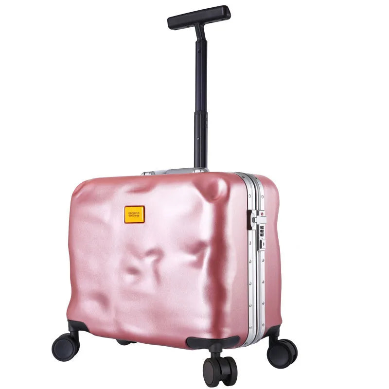 Pink suitcase with a black handle on a white background