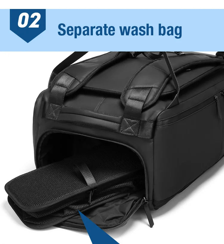 Black travel bag with open compartment showing a separate wash bag inside, on a white background.