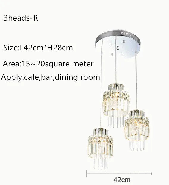 Chandelier with three heads on a white background, including size and application information.