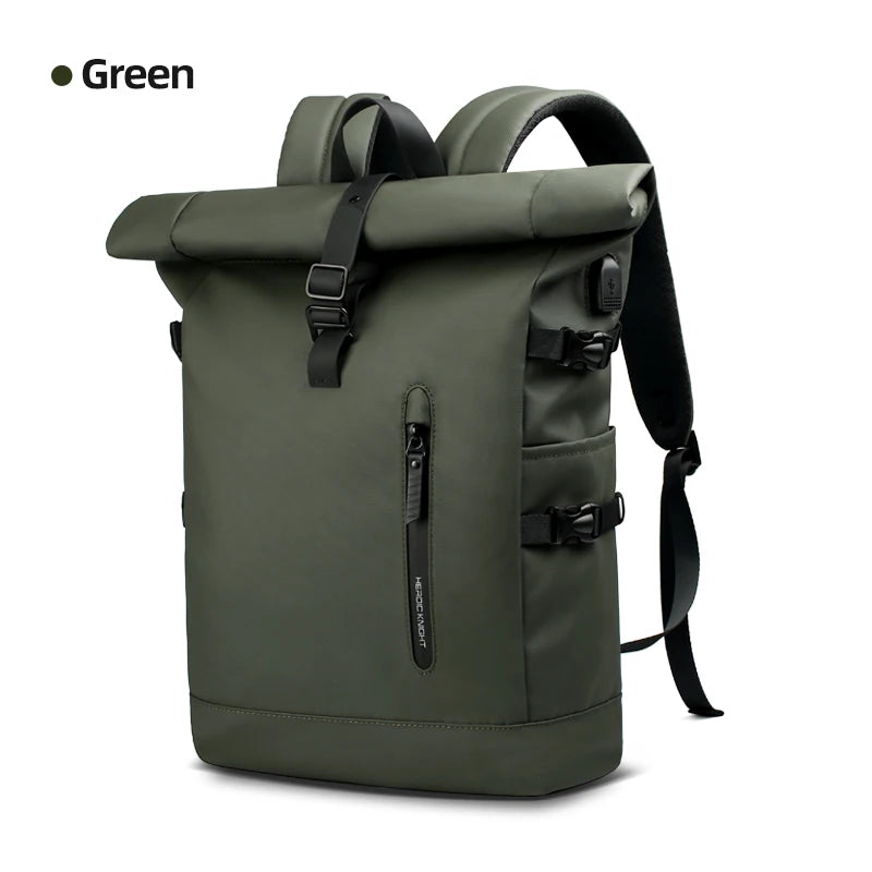 Green roll-top backpack on a white background