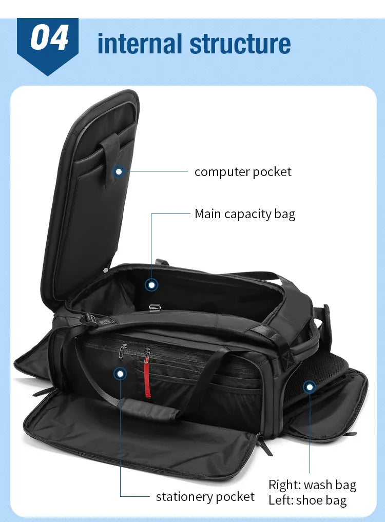 Black backpack with labeled compartments on a blue background