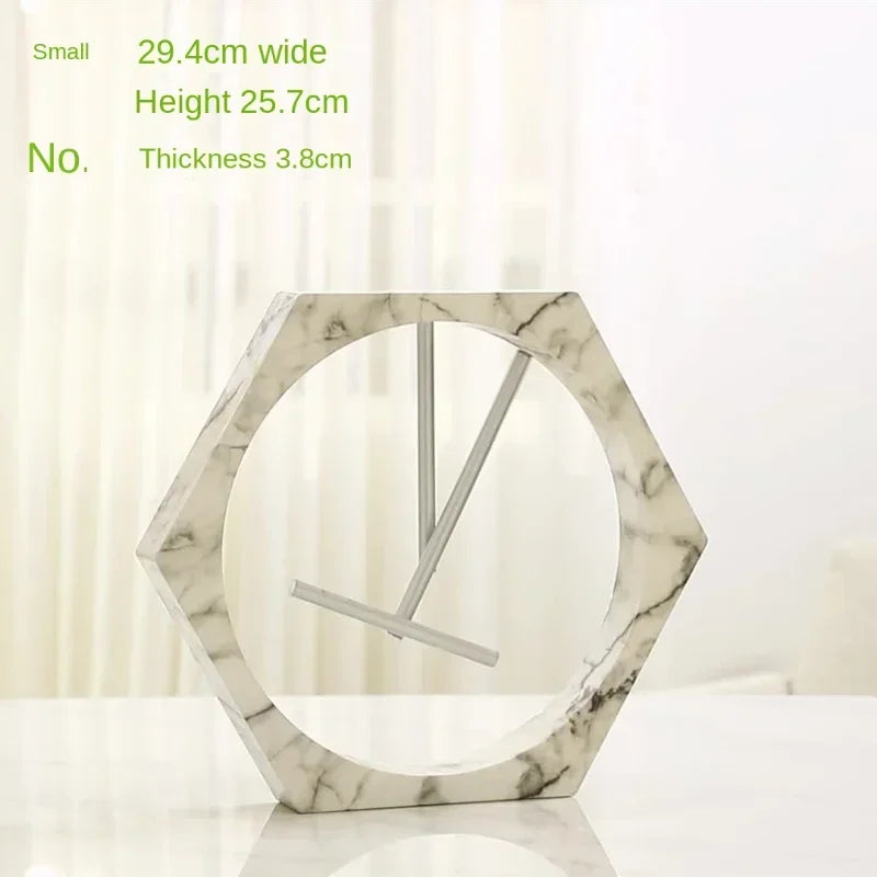 Hexagonal marble clock on a white surface with measurements displayed.
