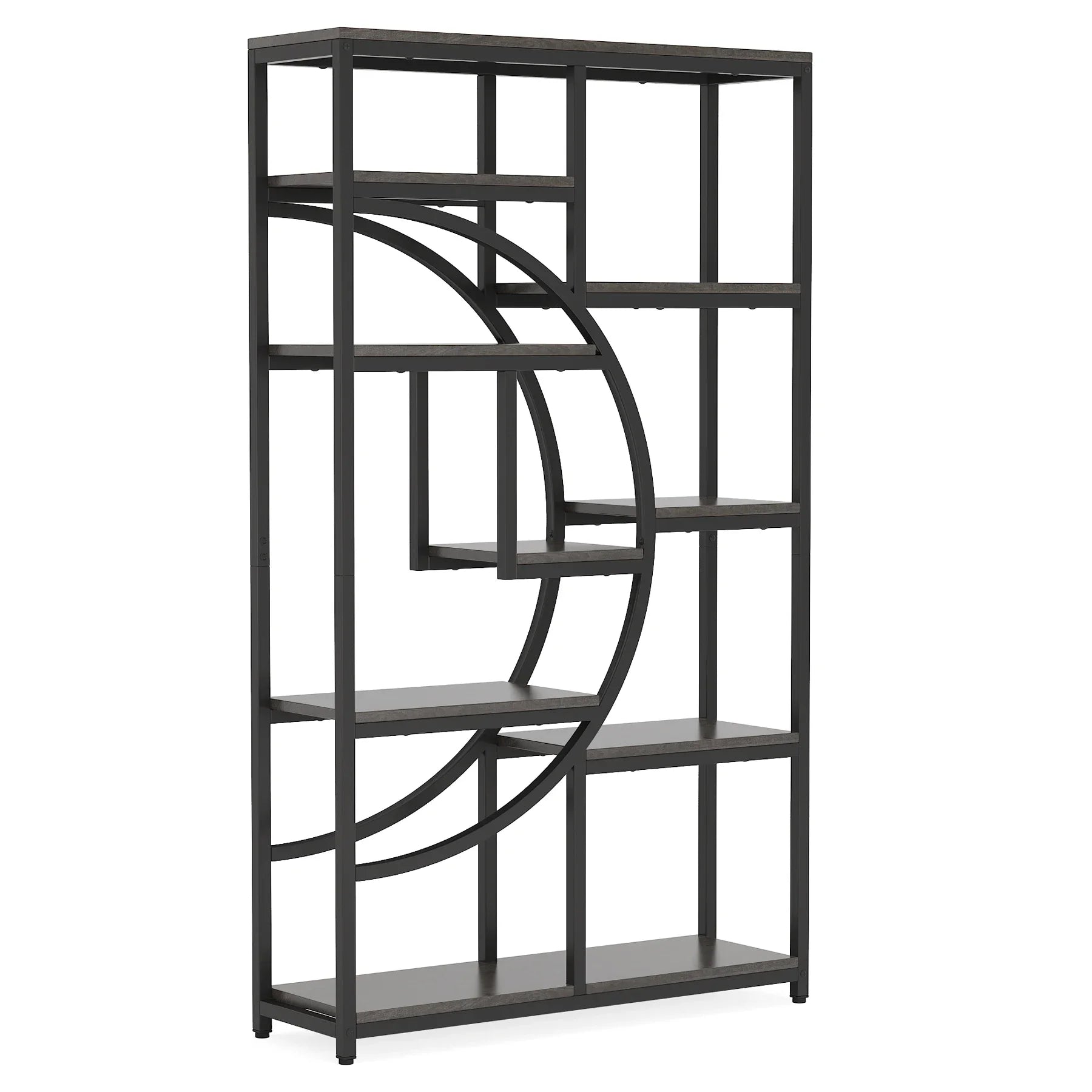 "Antique black metal frame bookcase with rustic wood shelves for home decor"