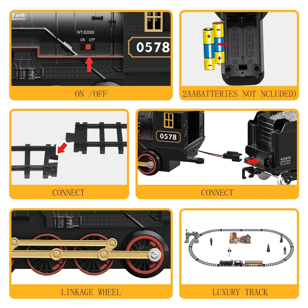 "Interactive steam train toy with lights and sound effects"
