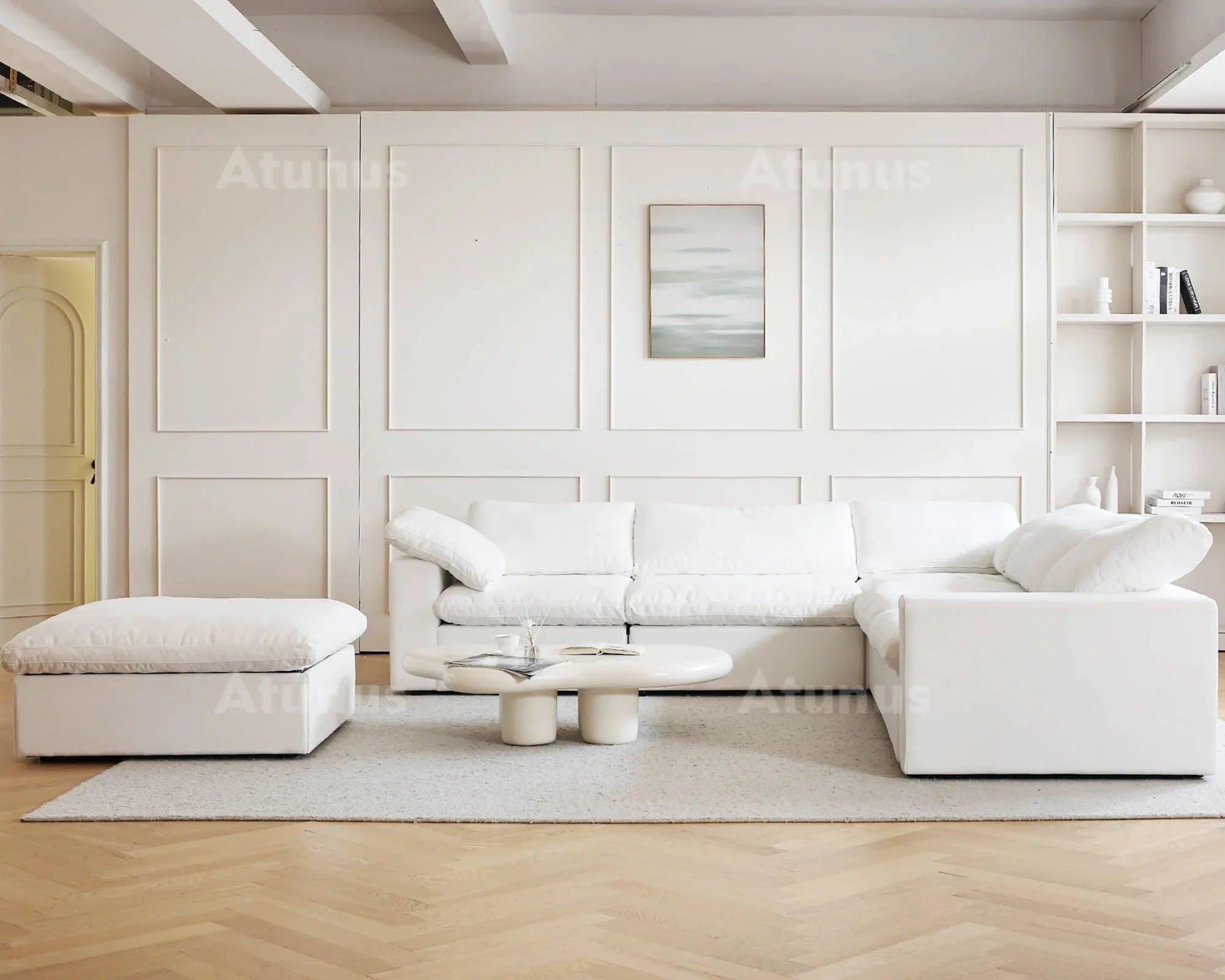 Feather-cushioned Nordic sectional for premium relaxation.