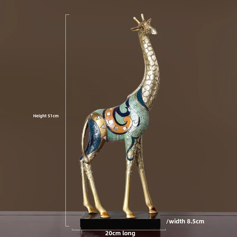 Decorative giraffe statue with measurements on a dark background