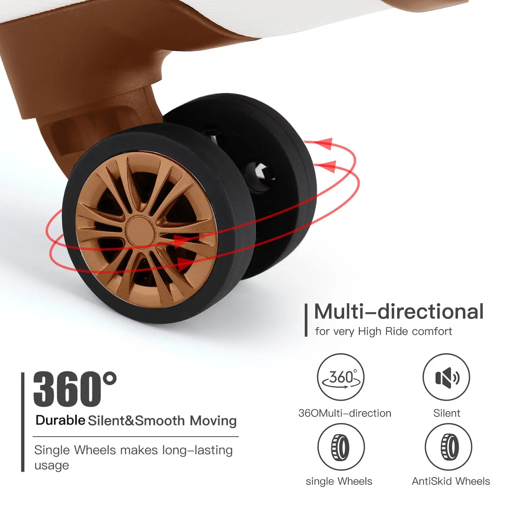 360° spinner wheels on KONO rolling luggage for smooth mobility.