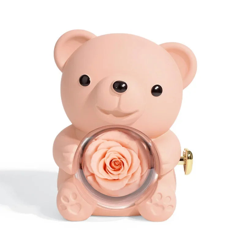 Rotating Hugging Bear Rose Jewellery Box | Eternal Flower Gift for Her | Mother&