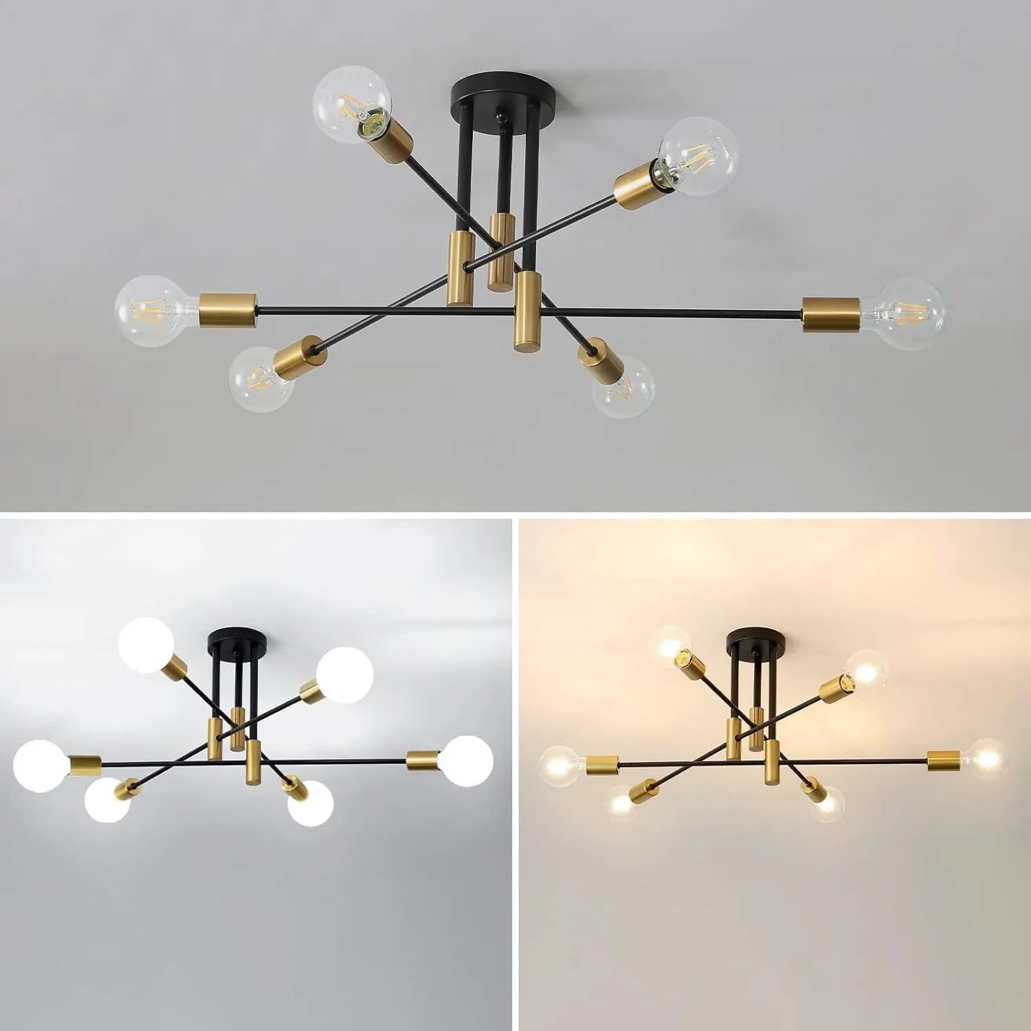 Modern chandelier with black and gold design on a gray background