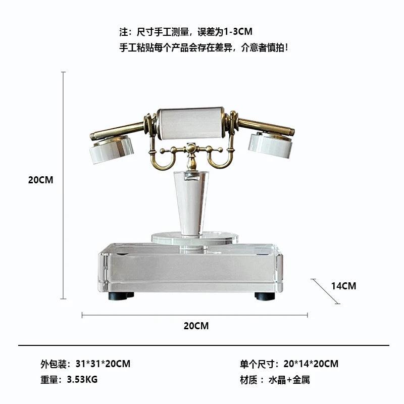 A vintage crystal phone ornament with a retro-inspired design, featuring a crystal phone motif mounted on a metal base. The dimensions of the ornament are provided in the image.