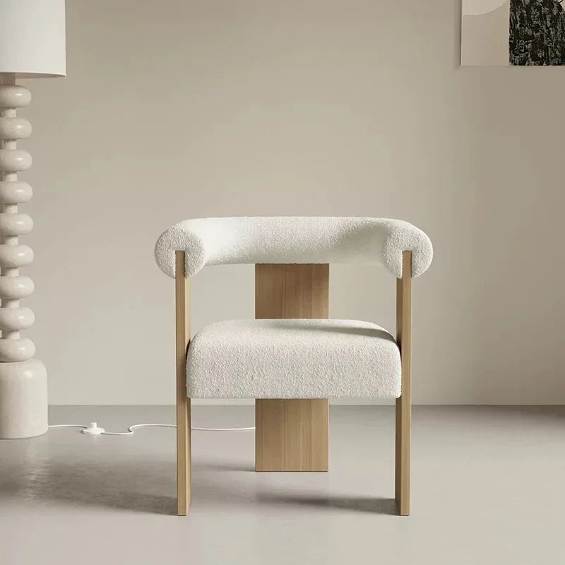 Modern Wooden Armchair for Dining: Comfortable lambskin seat and supportive solid wood handrests.