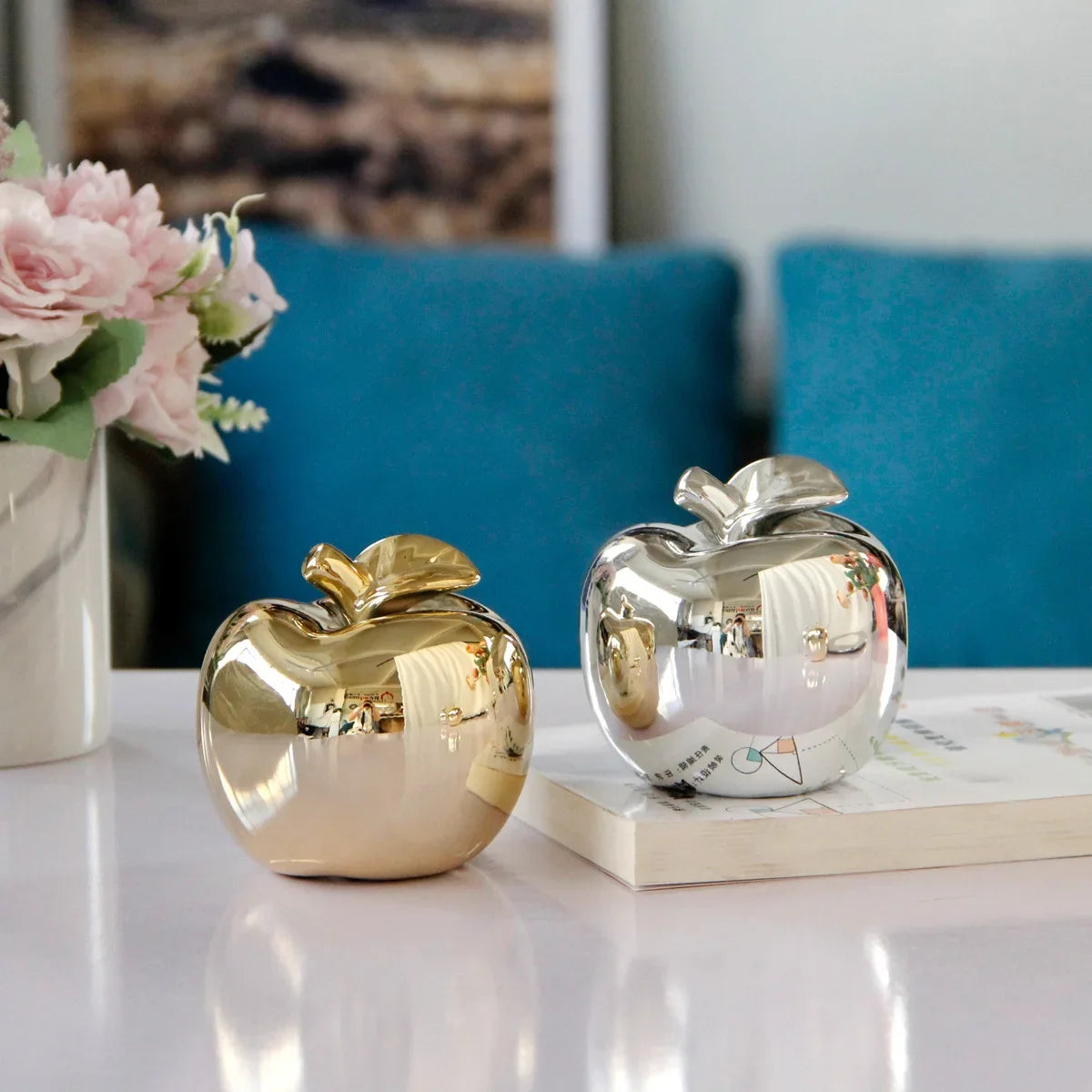"Luxury ceramic apple figurine as a centerpiece in a dining room"