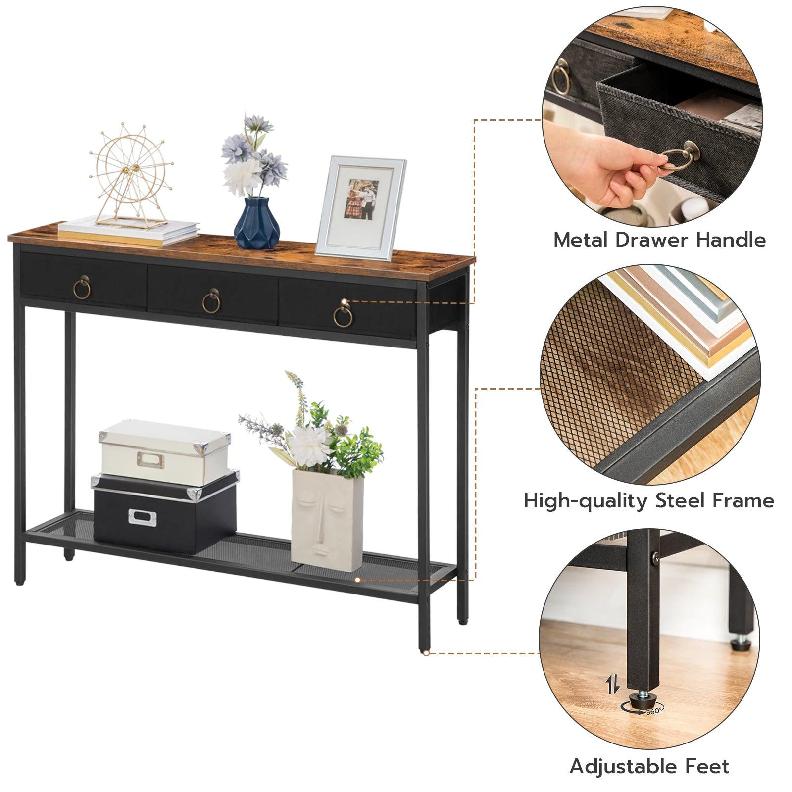 Vintage-Inspired Console Table with Metal Frame – The durable metal frame and wood-like finish create a timeless antique look.