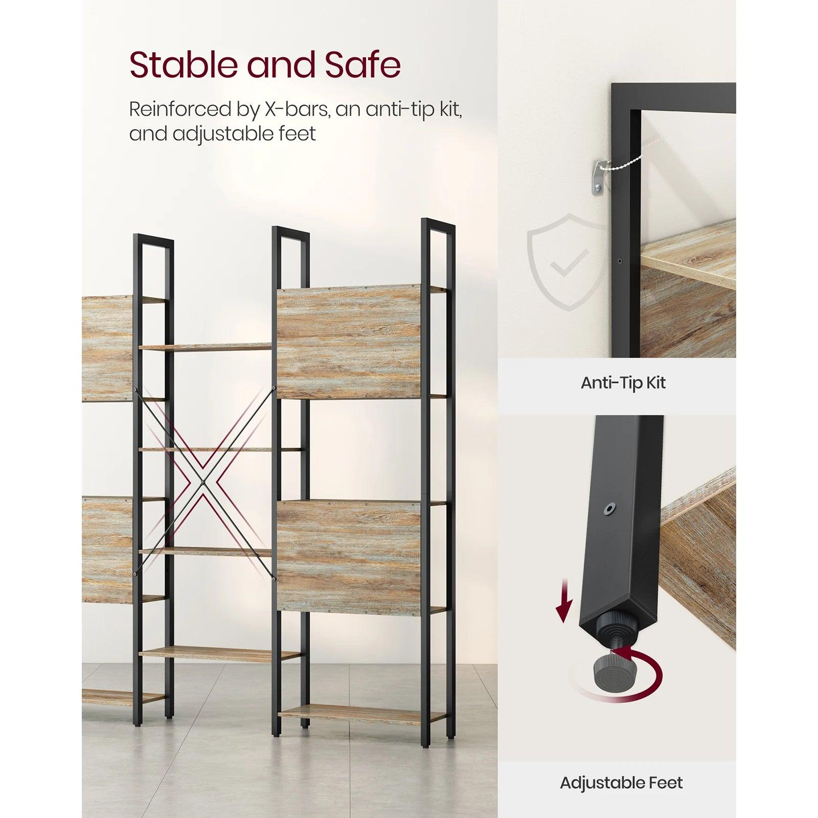 Stylish bookcase with anti-tip safety kit, holds up to 308 lbs